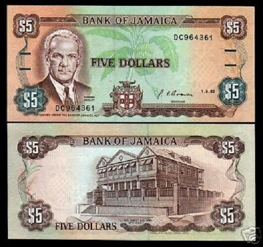 Jamaica 5 Dollars P-70 1992 Manley Parliament Unc Caribbean Currency Money Note