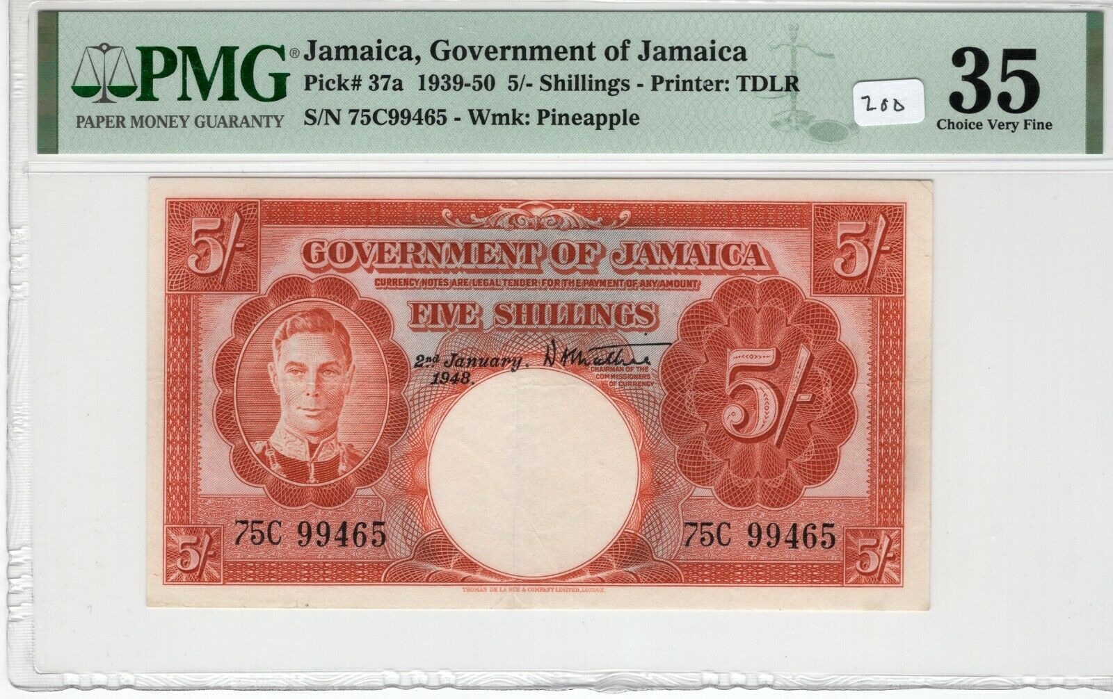 Jamaica 1948 5 Shillings Pmg Certified Banknote Choice Very Fine 35 Pick 37a
