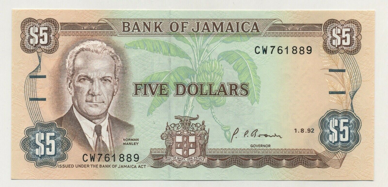 Jamaica 5 Dollars 1-8-1992 Pick 70.d Unc Uncirculated Banknote