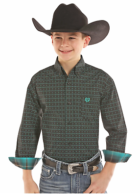 Panhandle Slim® Boys' L/s Black And Jade Print Button Down Shirt